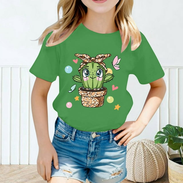 iTNHFP T-Shirts Filles Enfants Filles Mignon Mode Imprimé Col Rond Manches Courtes Tee Été Décontracté T-Shirt Hauts