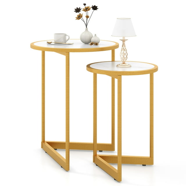 Gymax Ensemble de 2 Tables d'Appoint Rondes Gigognes Tables Basses Empilables avec Plateau en Faux Marbre