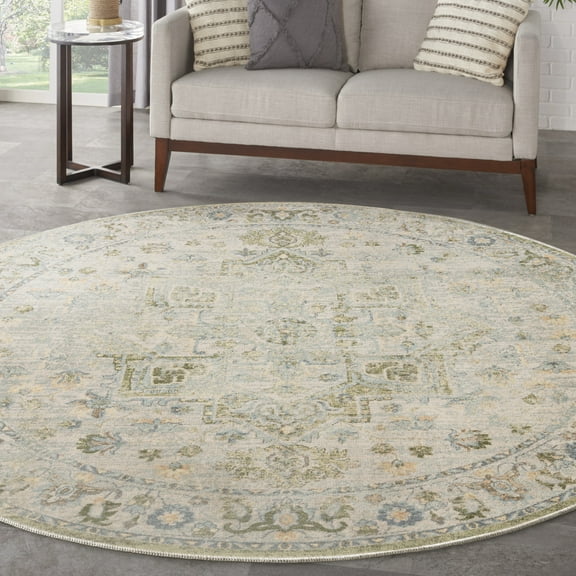 Nourison Astra Machine Washable 7'10" x Round Blue Green Vintage Indoor Rug