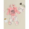 thumbnail image 4 of Newborn Baby Girl Clothes Hello I'm New Here Letter Romper+Floral Pants+Hat+Headband+Coming Home Outfits, 4 of 7