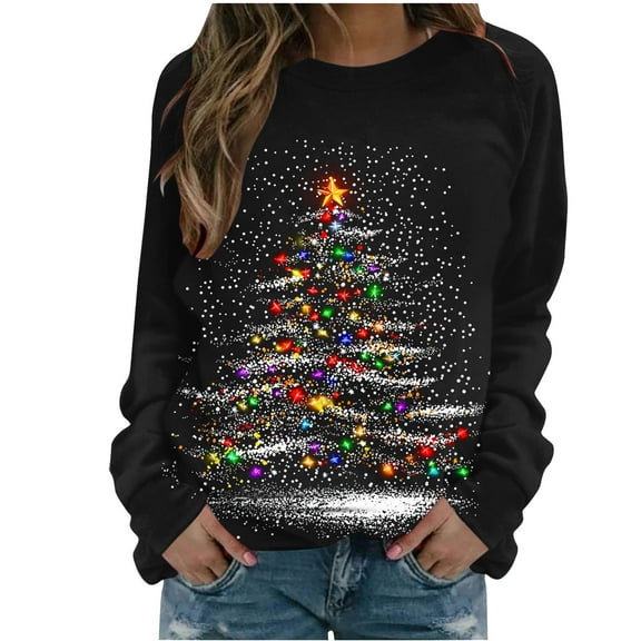 JSheng Christmas Printed Tops for Women Women's Casual Fashion Loose Round Neck Long Sleeve Pullover Sweatshirts Top Black L