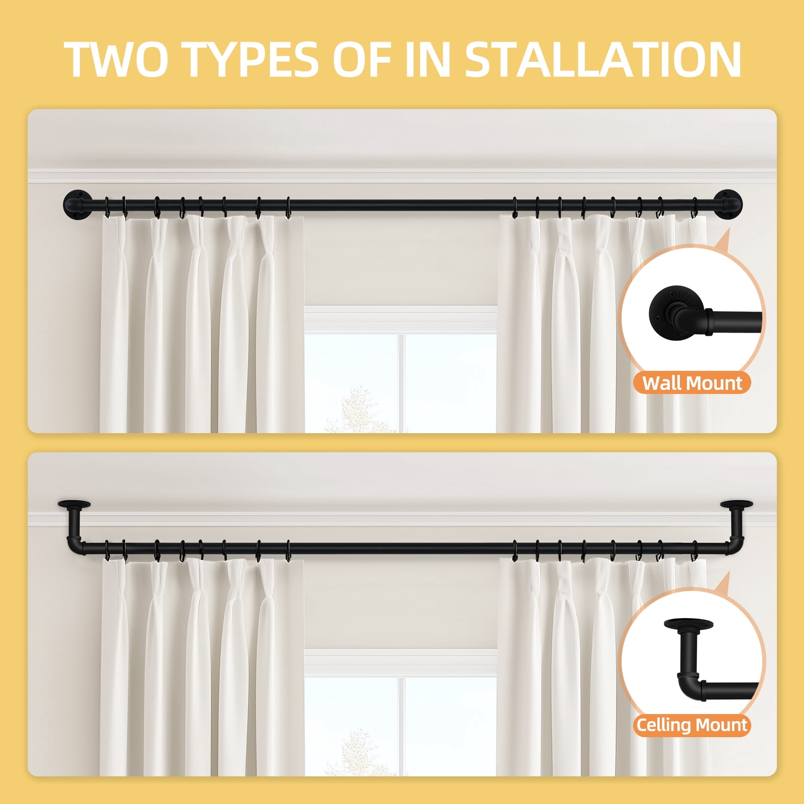 Black Industrial Curtain Rod,1" Diameter Durable Adjustable Curtain Rods for Blackout,Heavy Duty and Outdoor Curtains,48"-86"