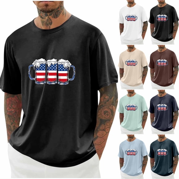 DODADAWANJ T-Shirts Graphiques Drapeau Américain Bière pour Hommes Grande Taille T-Shirts du 4 Juillet Coupe Ample Col Rond Manches Courtes T-Shirt d'Été Fête de l'Indépendance Hauts Patriotiques TTTTG
