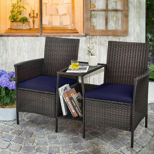 Costway Ensemble de Conversation en Rotin pour Patio Canapé Coussiné Causeuse Table en Verre Bleu Marine