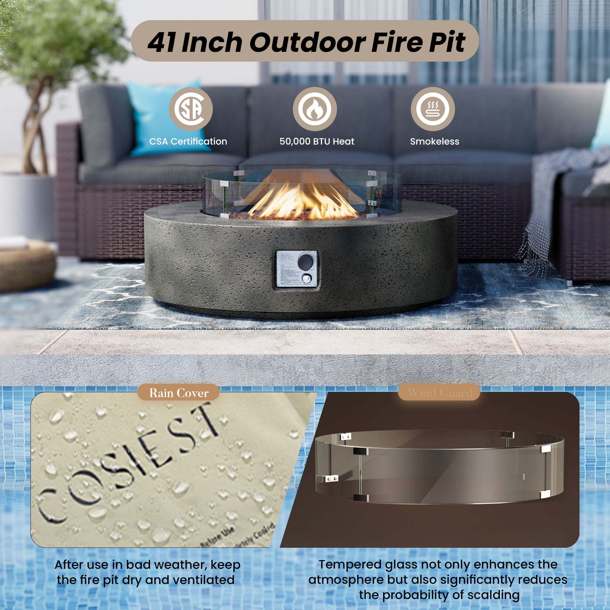 VENTOPYR 40.5" Outdoor Fire Pit Table 50,000 BTU with ​​Tempered Glass Wind Guard