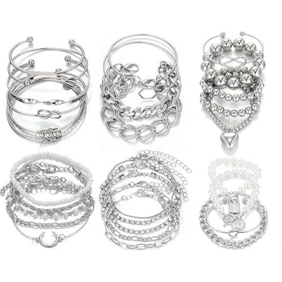 6 PACK (24 PCS) Layered Bracelet Set for Women, 14K Italian Gold Plated Boho Stackable Bracelets, Adjustable Cuff & Chain Link Anklets, Perfect Jewelry Gifts for Birthday Christmas Party