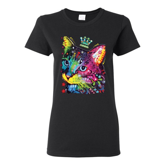 Wild Bobby Dean Russo Cat Wearing a Crown Thinking Cat Crowned Cat Lover Women Graphic Tee, Black, Small