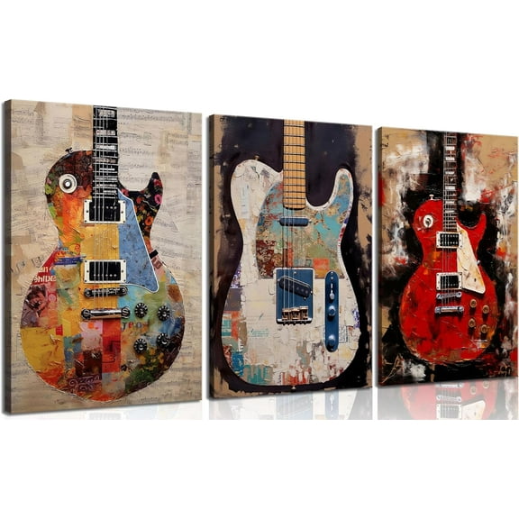Graffiti Guitar Canvas Wall Art Musical Themed Wall Decor Colorful Music Instrument Posters Pictures Studio Prints Vintage Rock Paintings