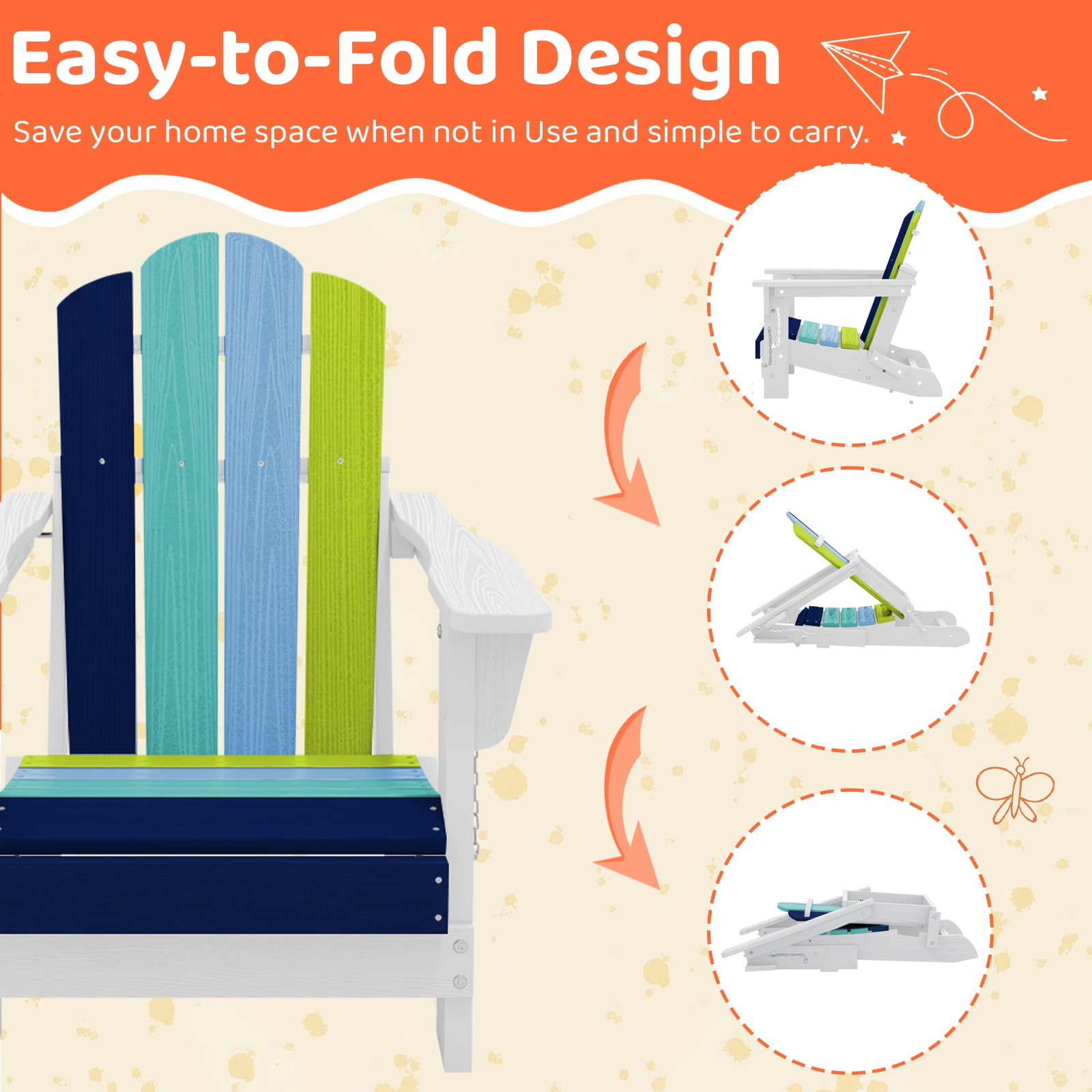 RIAFUN HDPE Adirondack Kids Outdoor Chair, Foldable & Weather-Resistant Toddler Patio Chair for Garden Lawn Yard Deck,Blue-to-Green Gradient