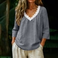 thumbnail image 4 of Womens T shirt 3/4 Sleeve Summer Tops V Neck Lace Trim Blouses Soft Cotton Linen Solid Color Tops Trendy Retro Autumn clothes Embroideried Pretty Outfits, 4 of 6