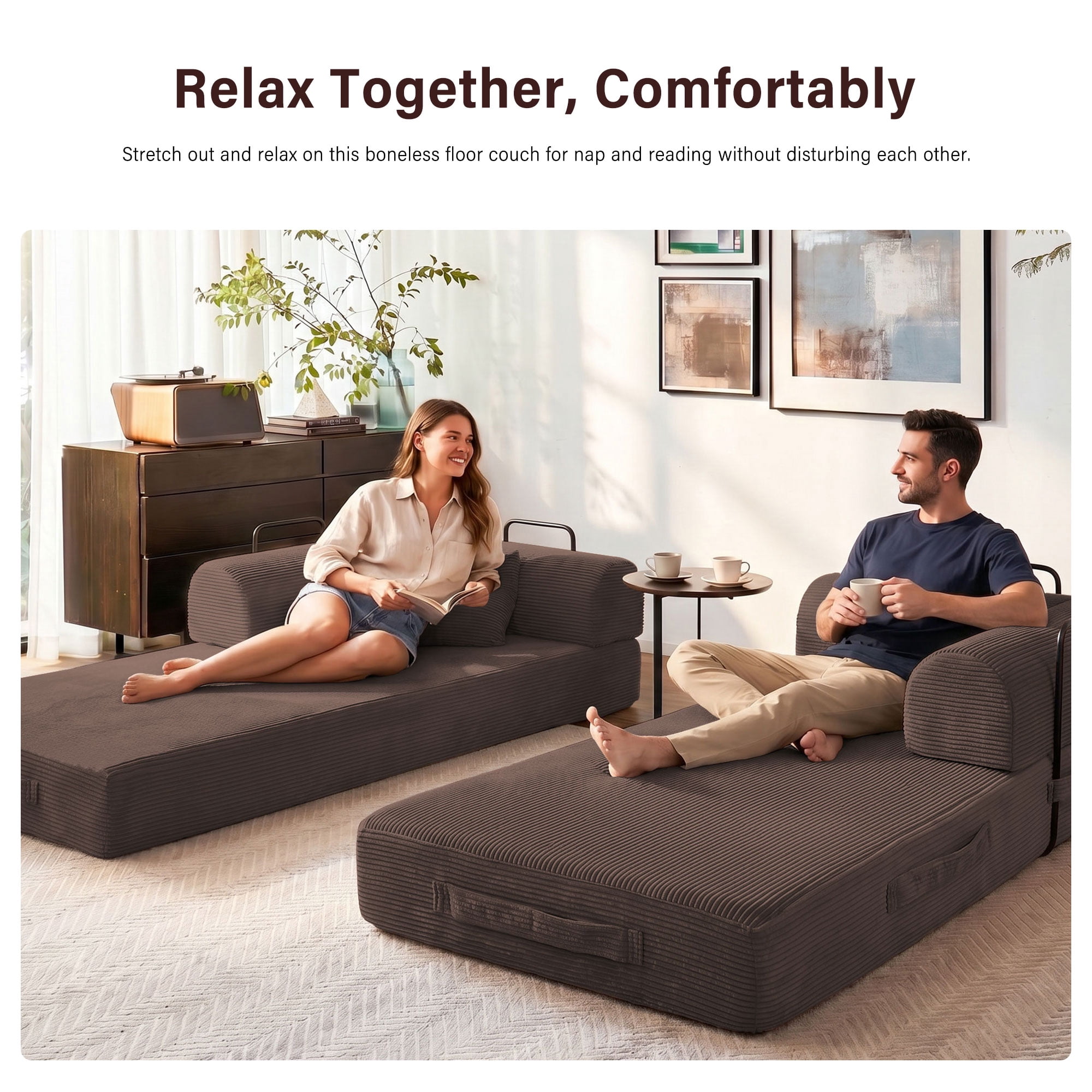 5-in-1 Folding Convertible Sofa Bed, 79" Corduroy Floor Couch Futon, Pull-Out Sleeper Loveseat, Modular Boneless Sofa for Living Room & Bedroom, Brown