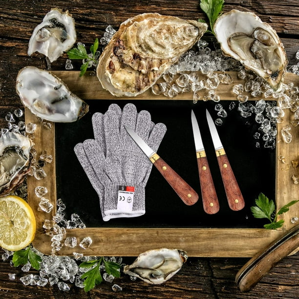Bqhagfte 3 Pieces Oyster Shucking Knife Clam Oyster Knife Shucker Wooden Handle Oyster Knife With Cut Resistant Gloves Safe Cutting Gloves Level 5 Pro
