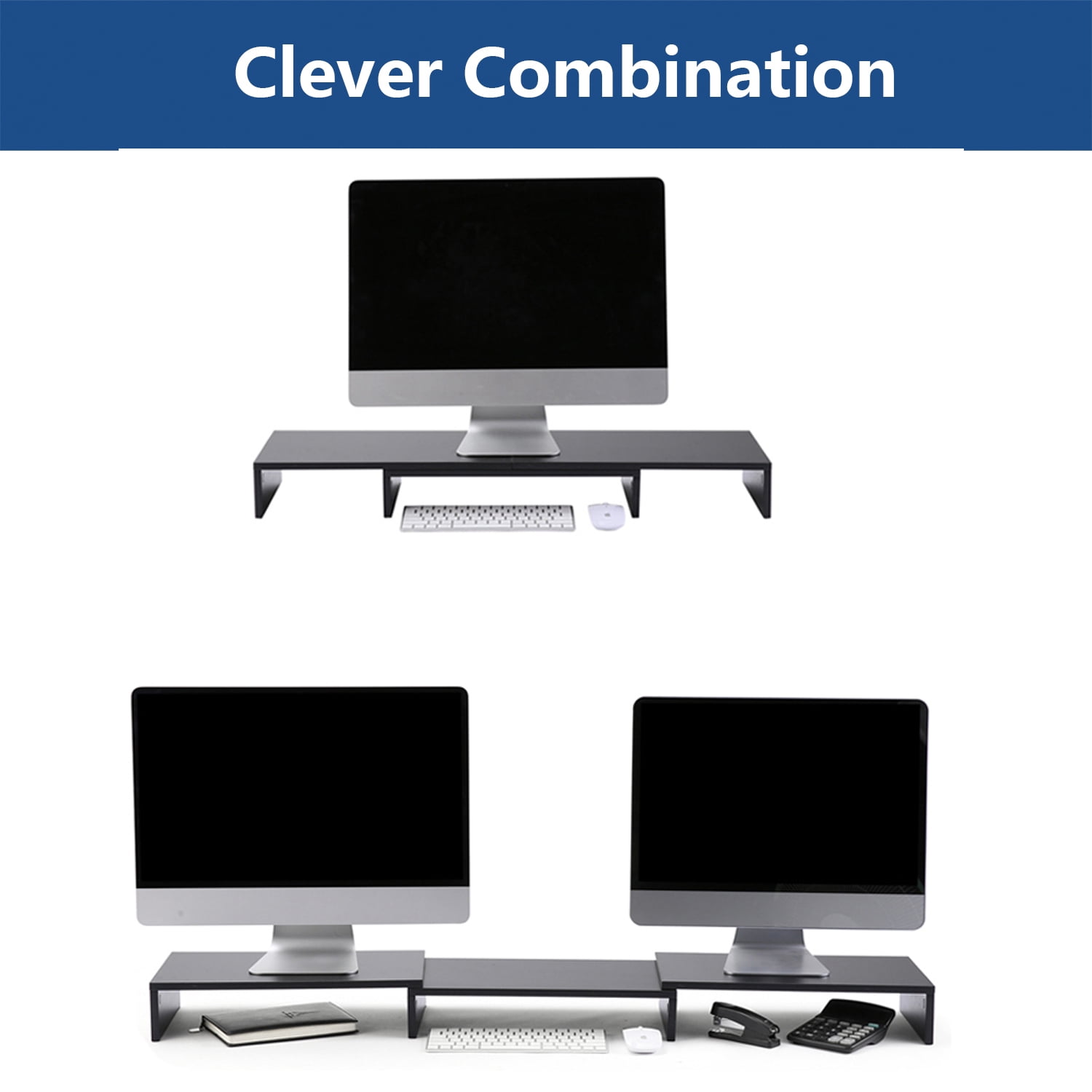 TAVR Furniture Dual Monitor Stand Riser Extra Long 43.3" Fit for 2 Monitors, Adjustable Length with Swivel Angle & 3 Shelves, Wood, Black
