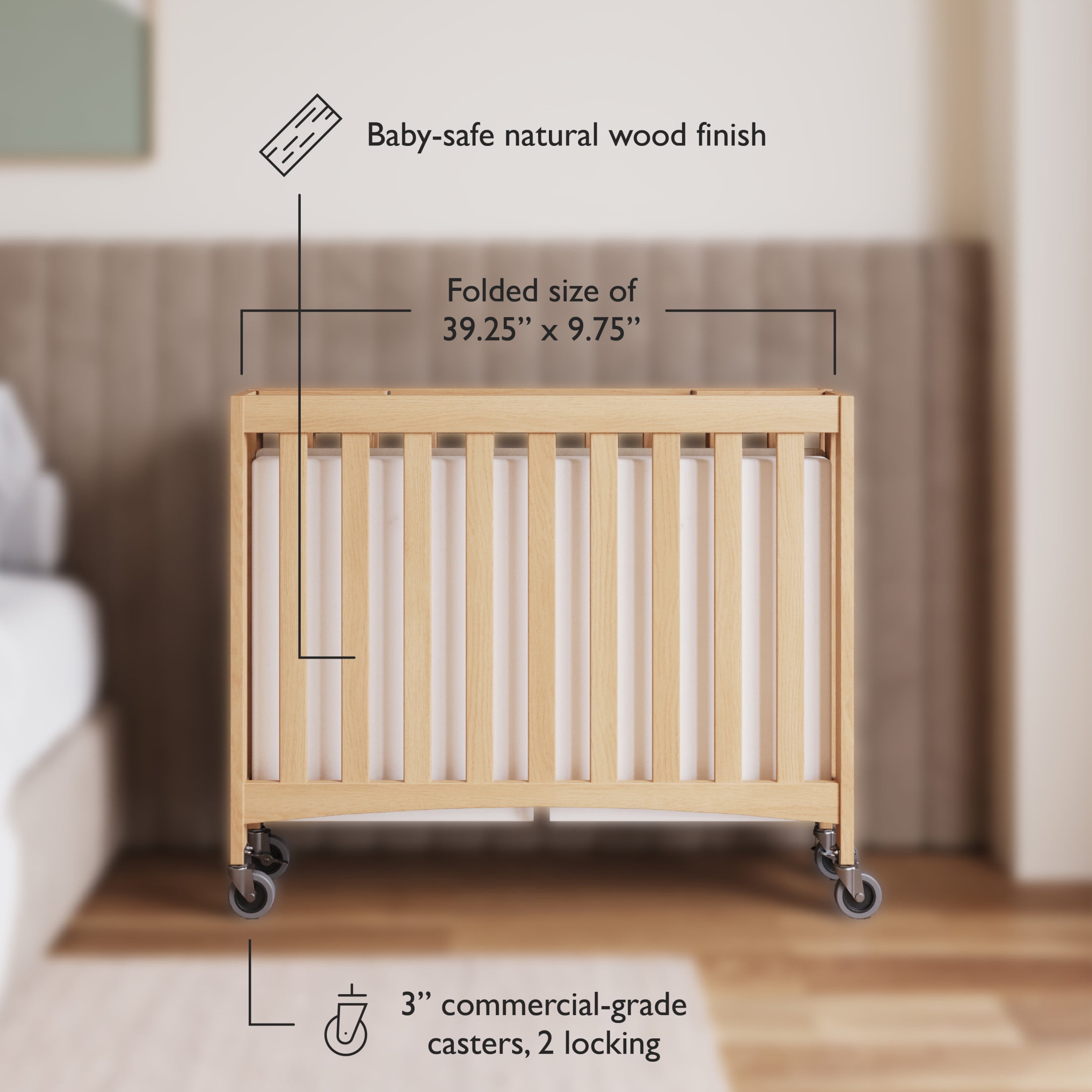 Foundations Travel Sleeper Wood Compact Folding Crib 3 Pack for Hotels, Natural