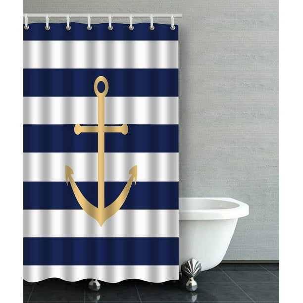 Artjia Navy Blue And Yellow Anchor, Navy Blue Shower Curtain