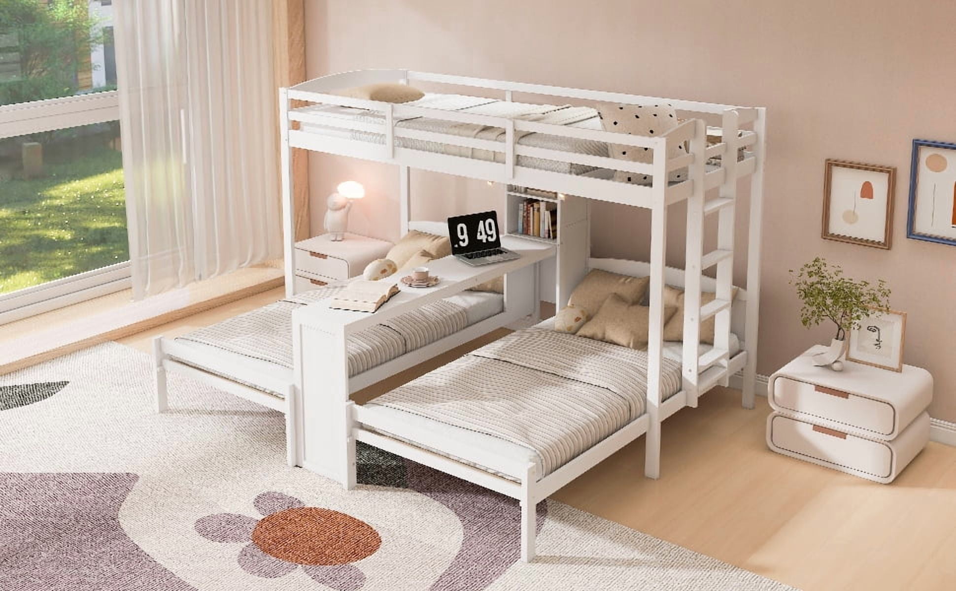 Mintazer Twin over Twin over Twin Bunk Bed with Desk, Bunk Bed with Reading Lamp and Storage Shelves, White