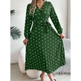 thumbnail image 4 of Women'S Polka Dot Wrap V Neck Belt Long Sleeve Pleated Maxi Dress Flowy Casual Long Dress Green XL, 4 of 9