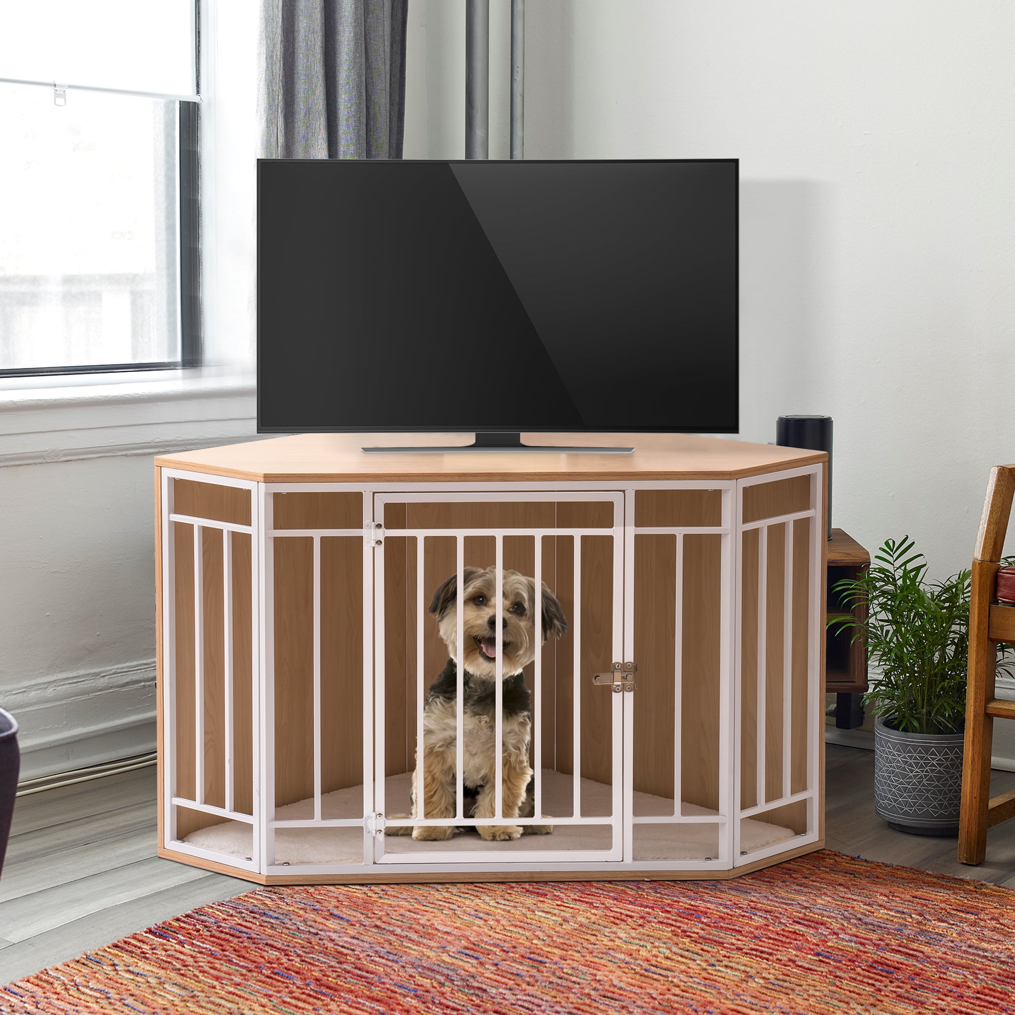 Pefilos 43" Dog Crate Furniture with Cushion, Wooden Dog Cage Dog House Furniture, Indoor Dog Kennel for Small/Medium,End Table, Beige Pefilos 43" Dog Crate Furniture with Cushion, Wooden Dog Cage Dog House Furniture, Indoor Dog Kennel for Small/Medium,End Table, Beige