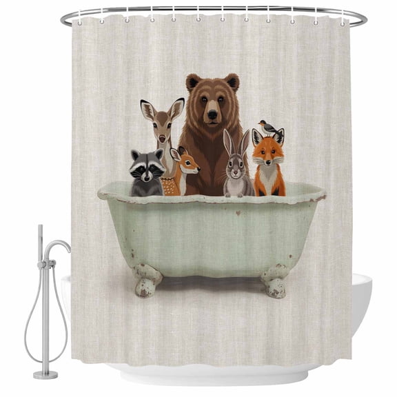 Animal Bathtub Bathroom Shower Curtains with Hooks, Watercolor Cute Bear Deer Fox Rabbit Raccoon Linen Waterproof Fabric Washable Shower Curtain for Home Hotel Bathtub Decor 36x72 Inch