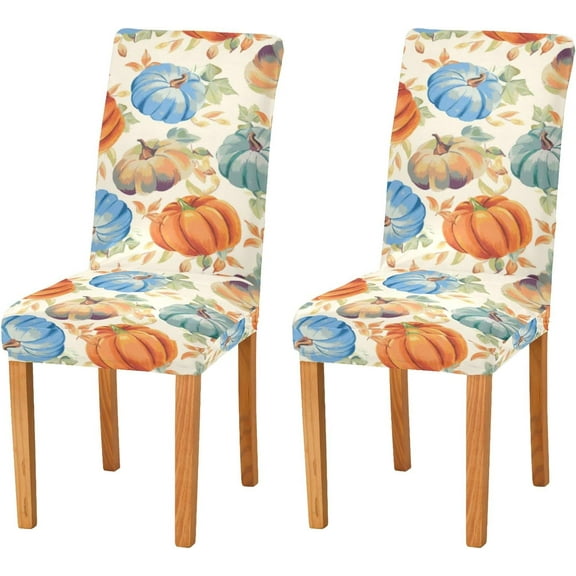 Fall Pumpkins Autumn Maple Dining Room Chair Covers Orange Blue Leaves Chair Slipcovers Stretch Seat Protector Removable Chair Cover For Home Kitchen Restaurant Hotel 4pcs