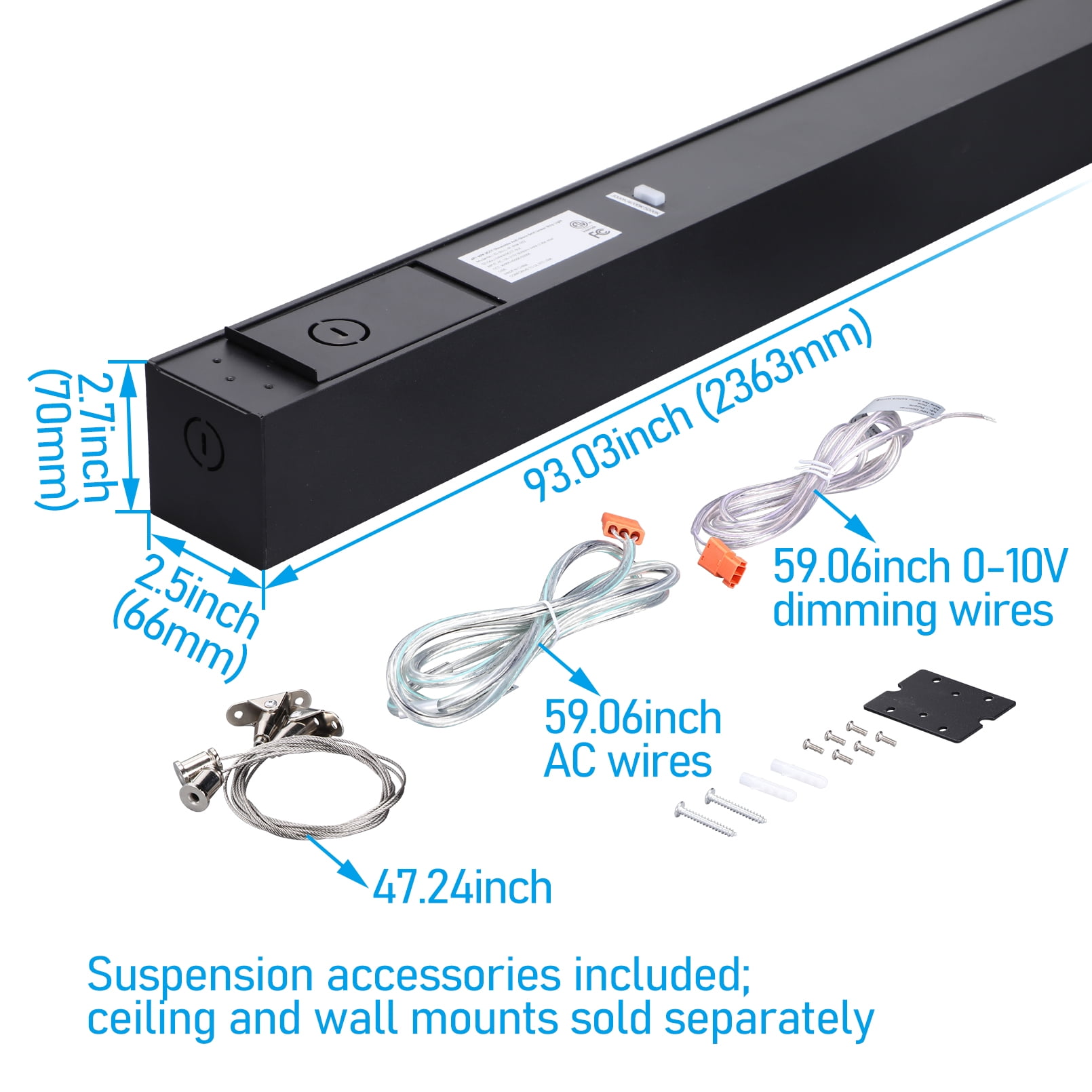 2 Pack 8FT 80W 3CCT Dimmable Commercial Linkable Linear Light, 3000K/4000K/5000K Selectable, Suspended Strip Light, Black