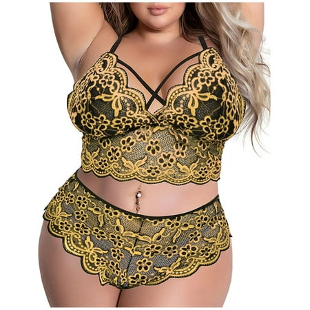 

Lingerie for Women Naughty Fashion Lace Underwear Sleepwear Steel Ring Pajamas Garter Push Up Matching Bra and Panty Sets Yellow XXXL