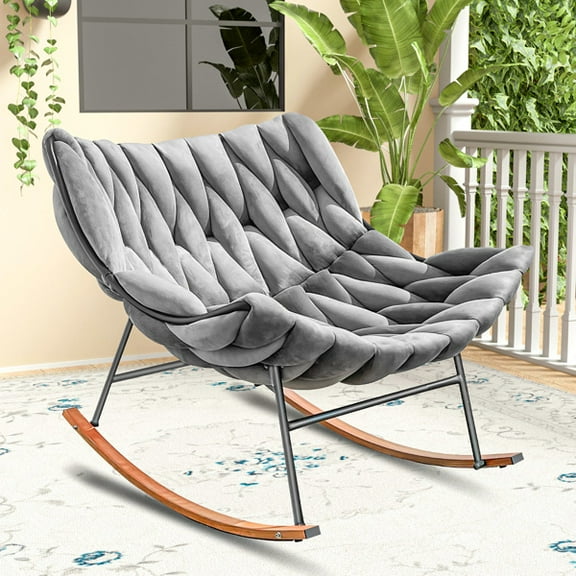 Outdoor Rocking Chair, Patio Egg Rocking Chair, Indoor Papasan Rattan Wicker Lounge Chair for Patio, Porch, Garden, Living Room, Gray