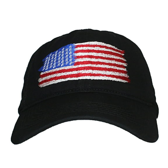 Embroidered US Flag 6 Panel Dad Hat W/Strapback Closure & Metal Release Buckle - Black