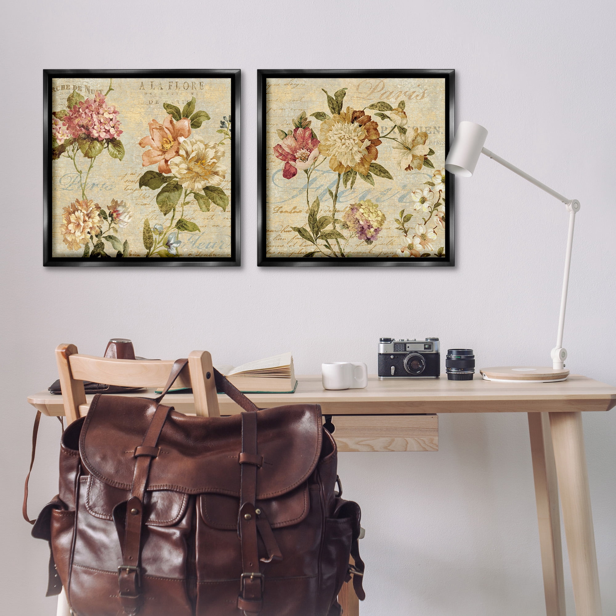 Stupell Industries Vintage French Floral with Script Botanical & Floral Painting Black Floater Framed Canvas Art Print Wall Art, 25 x 25, Set of 2
