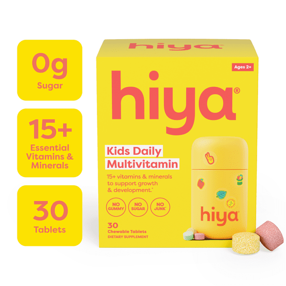 Hiya Kids Daily Multivitamin Chewable, 15 Vitamins & Minerals, Sugar Free, Vegan, 30 Ct