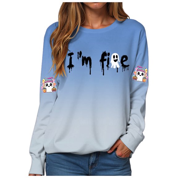 Duqingm Halloween Shirts for Women Long Sleeve Crewneck Casual Dressy Tops Funny Graphic Halloween Costumes Fall Fashion Outfits,S