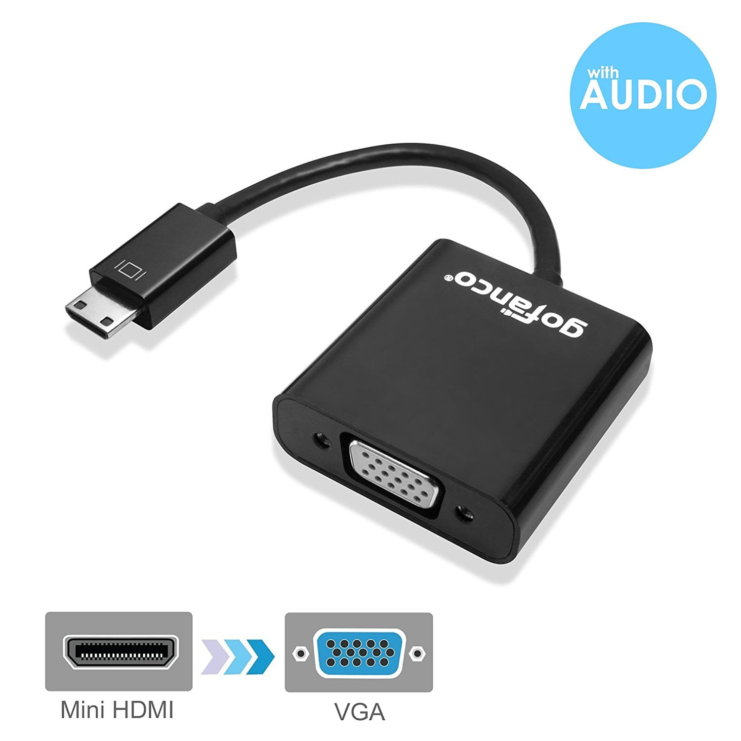 gofanco Active Mini HDMI to VGA Adapter with Audio (Black) & 3 Ft Micro