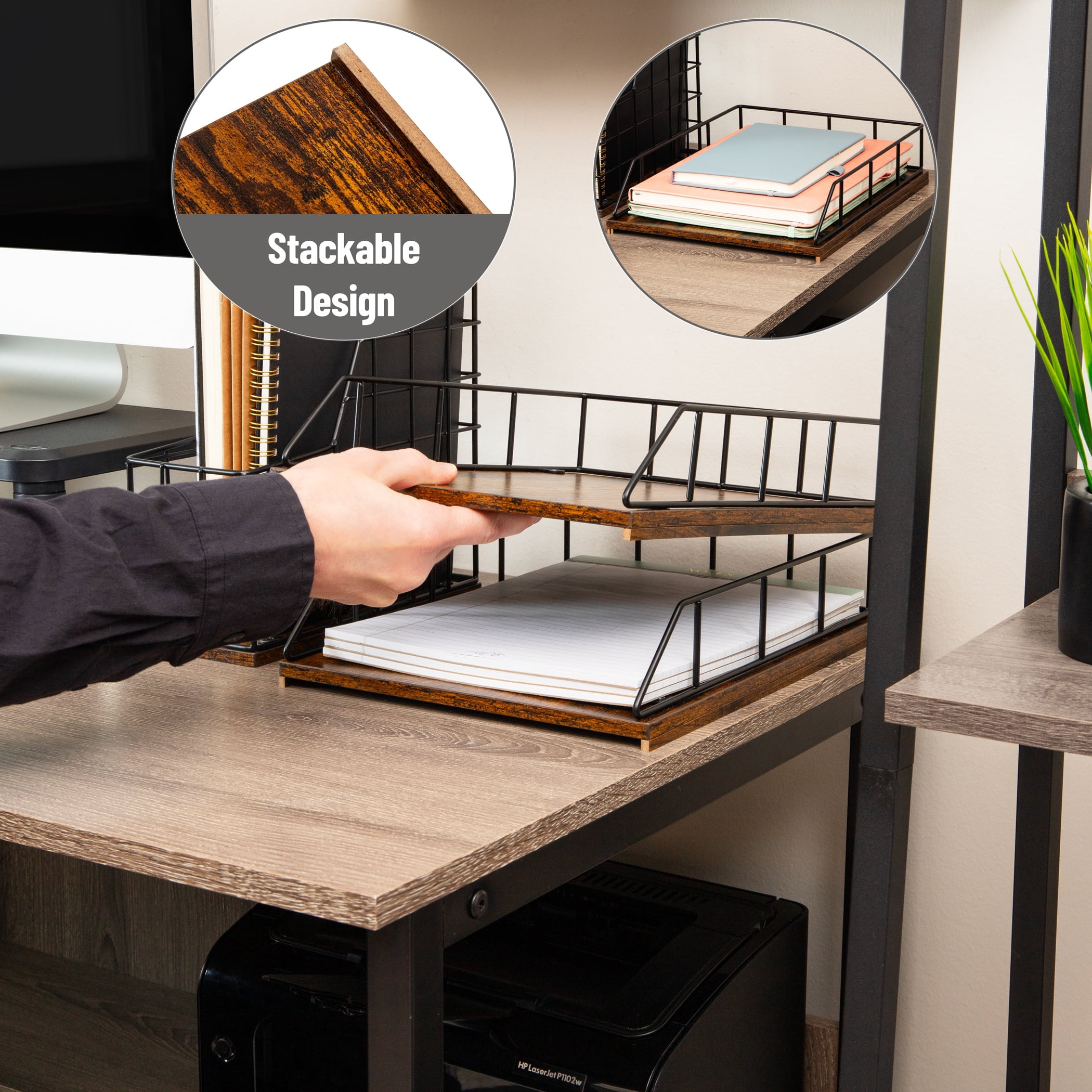 Mind Reader 2-Tier Rustic Letter Tray Organizer with Metal Frame, Wood Base for Desk or Office, Stackable, Metal and Wood, Black