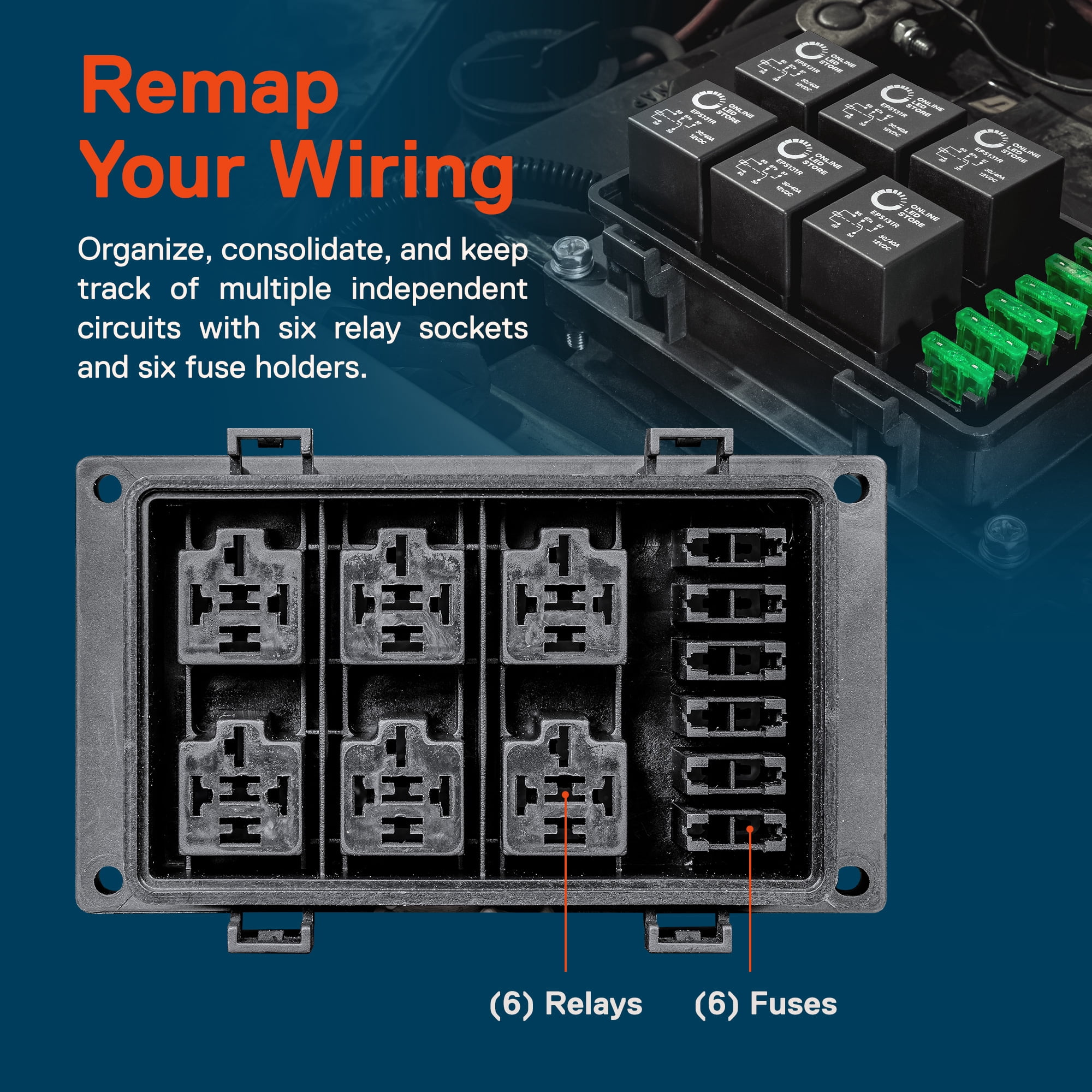 ONLINE LED STORE Waterproof Relay/Fuse Block for Automotive and Marine [6-Slot Bosch Style Relay Holder] [6-Slot Blade Fuse Holder] [Silicone Seals] Fuse Box for Jeep Boat Car Or Truck