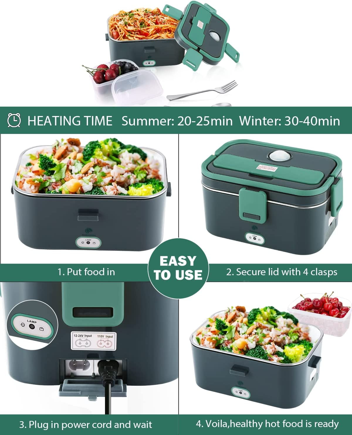 Electric Lunch Box- 110V/12V/24V Portable Food Heater for Car/Office/School, 1.8L Stainless Steel Removable Container, Spoon and Carry Bag,60W Lunch Box
