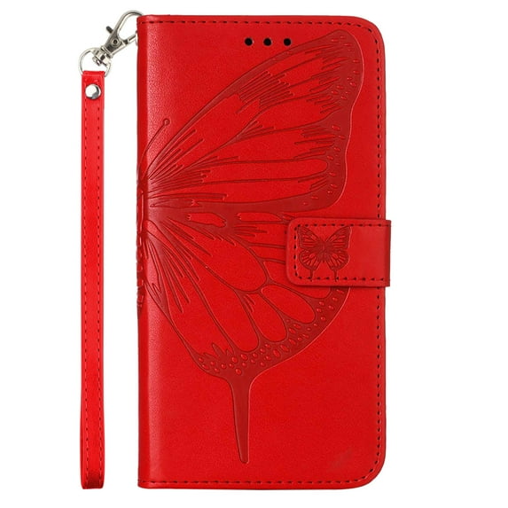 Design for Samsung Galaxy S22 Ultra 6.8 Inch Wallet Case, PU Leather Stylish Butterfly Flower Pattern Shockproof Flip Folio Phone Cover with Kickstand Wrist Strap Card Slots Magnetic Clasp Case,Red