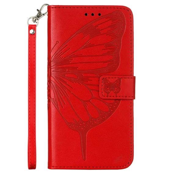 Design for Samsung Galaxy S22 Ultra 6.8 Inch Wallet Case, PU Leather Stylish Butterfly Flower Pattern Shockproof Flip Folio Phone Cover with Kickstand Wrist Strap Card Slots Magnetic Clasp Case,Red