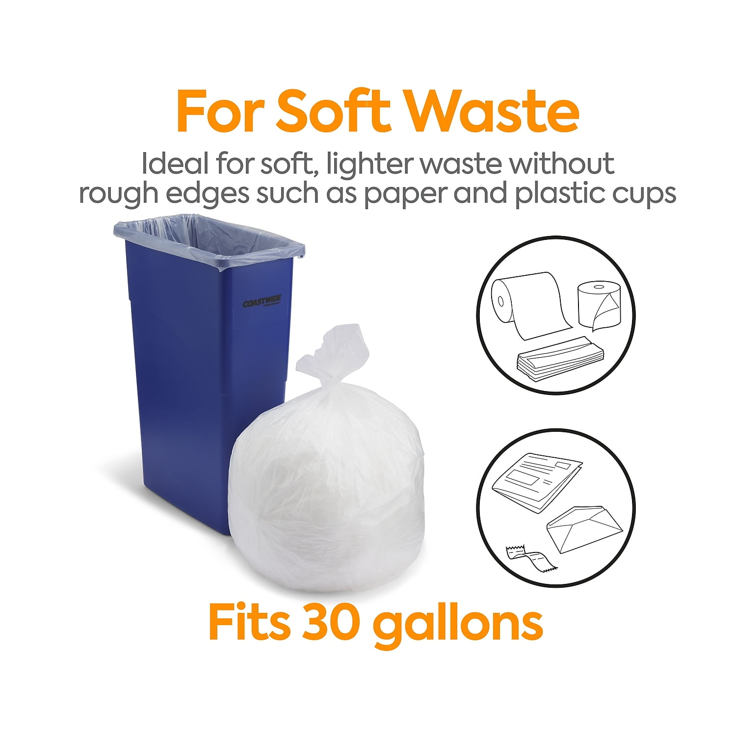 Staples Coastwide Professional 30 Gallon Trash Bag 30" x 37" High Density 8 mic Natural 500 Bags/Box