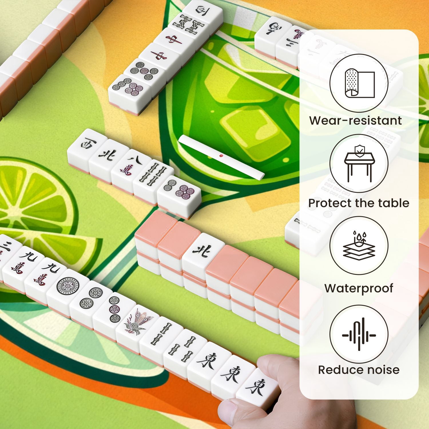Mahjong Mat 31.5" x 31.5" Vibrant Green Cocktail Lime Slices Ice Cubes Non-Slip Noise Reduction Mahjong Tiles Table Cover for Dominoes Poker Card Board and Tile Games