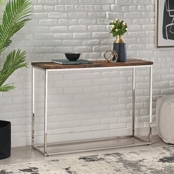Eco-Friendly Console Table with Recycled Wood Top & Stainless Steel Frame
