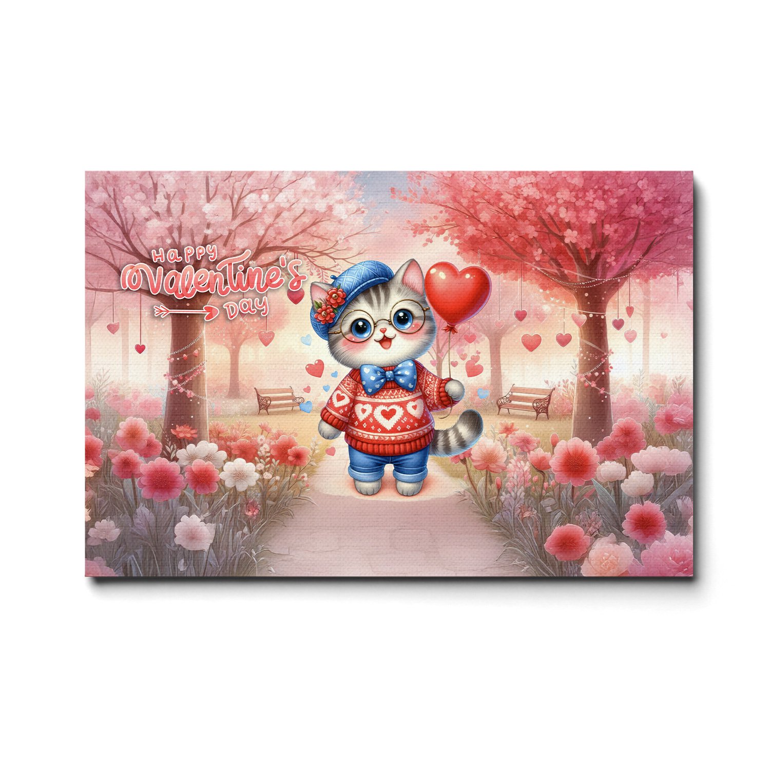Happy Valentine’s Day Adorable British Shorthair Kitten Holding Heart Balloon Horizontal Matte Canvas Poster Cat Lover Kitten Owner Gifts Wall Art Home Decor - 00030