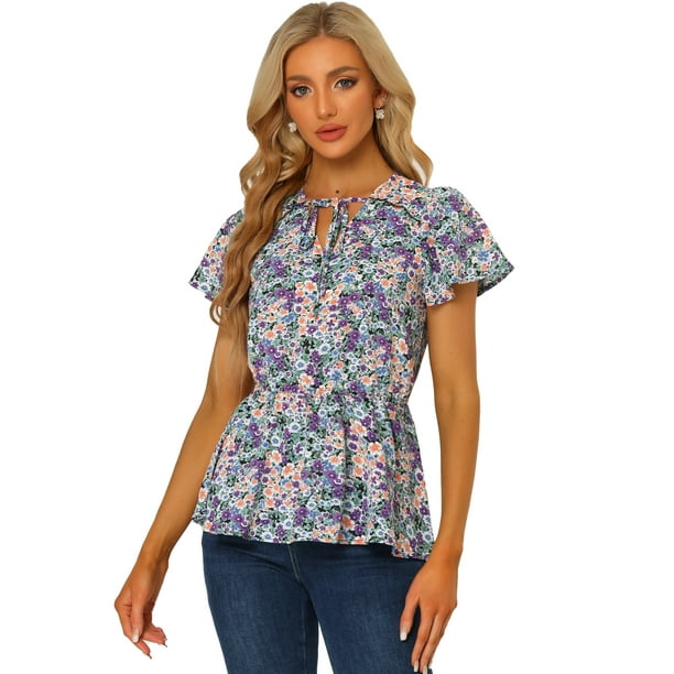 Blusa Allegra K Estampado Floral Mangas Cortas Cintura Alta Cuello de Corbata Peplum Negro L
