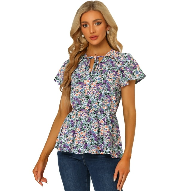 Blusa Allegra K Estampado Floral Mangas Cortas Cintura Alta Cuello de Corbata Peplum Negro L