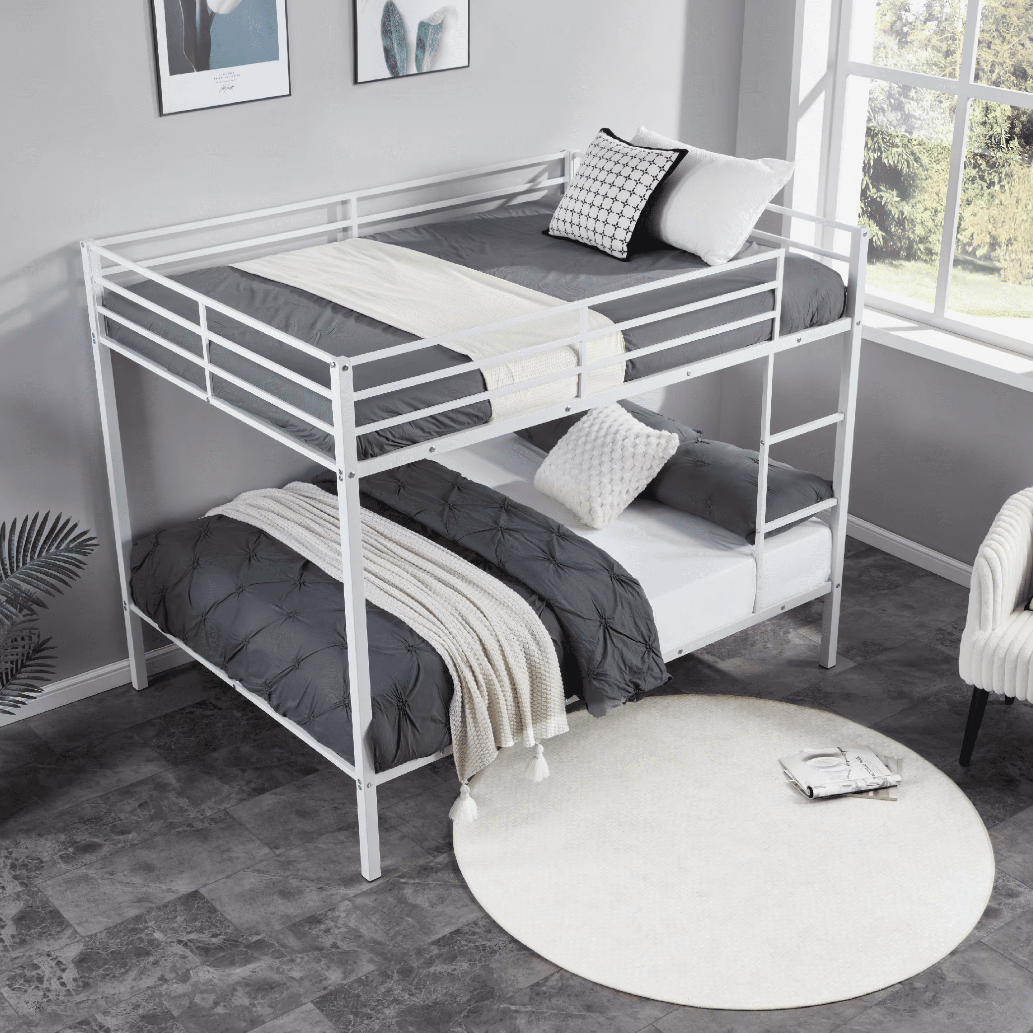 MAYEERTY Full Over Full Bunk Bed, Metal Bunk Bed Frame with Built-in Ladder, for Small Spaces, No Boxspring Required, White