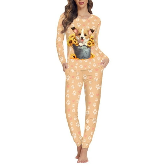 FOR U DESIGNS Sunflower Corgi Pajama Sets for Women 2 Piece Long Sleeve and Pants Size XS Small Fall Pjs for Women Set Long Pants Pajama Set with Pockets Sleepwear Round Neck