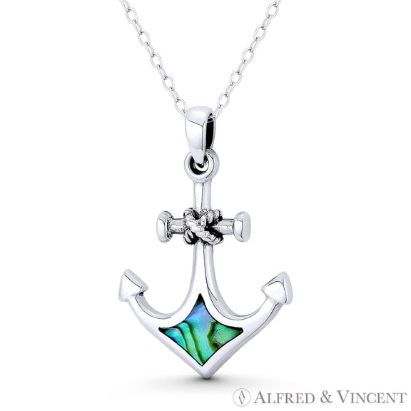 Ship's Anchor Luck Charm Black Mother-of-Pearl 28x20mm (1.1x0.8in) Pendant & Chain Necklace in .925 Sterling Silver w/ Rhodium