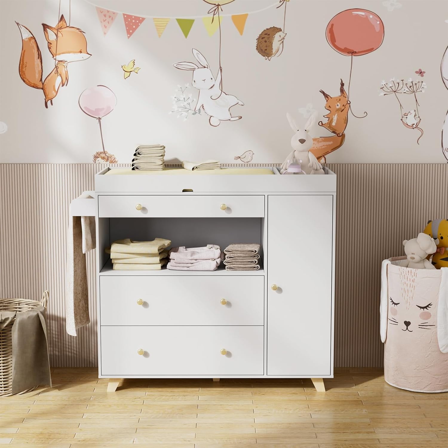 PAKASEPT 43" Changing Table Dresser, Baby Classic Nursery Dresser with 3 Drawers and 1 Cabinet, Multi-Functional Baby Changing Table