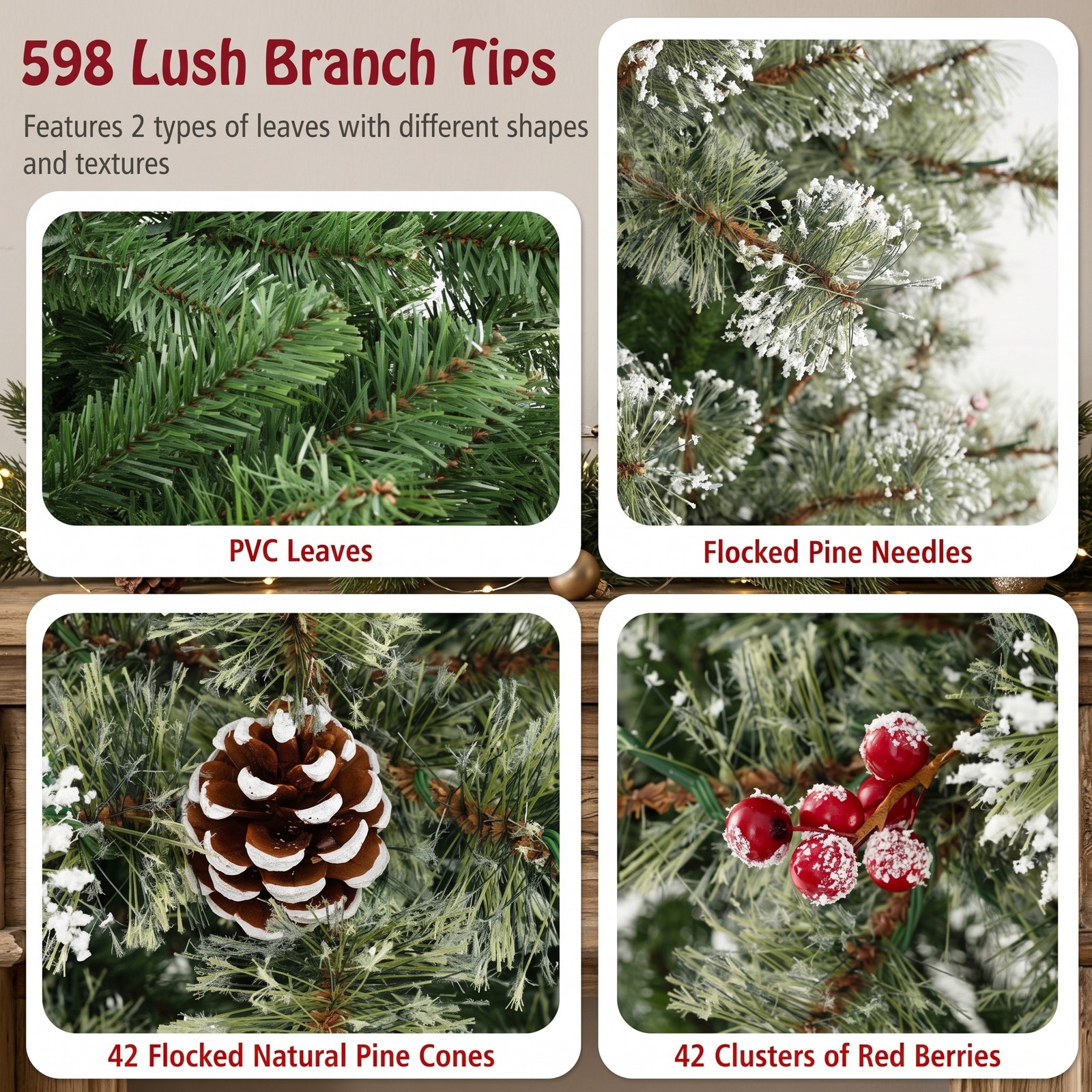 RUIE 6 FT Pre-Lit Artificial Christmas Tree, Hinged Holiday Tree with 350 Color-Changing LED Lights, 598 Branch Tips, Pine Cones and Red Berries, Quick Power, Green