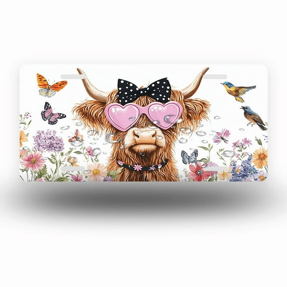 License Plate,Cow with Heart Sunglasses and Bow Tie Decorative Front,Personalized Stainless Steel License Plate Cover For Men Women,12.2" X 6.2"