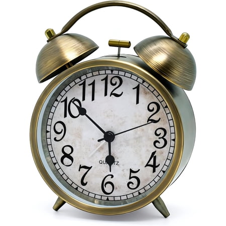 4.5 Vintage Twin Bell Alarm Clock, Silent Non-Ticking Brass Desk Clock, Loud Alarm for Heavy Sleepers